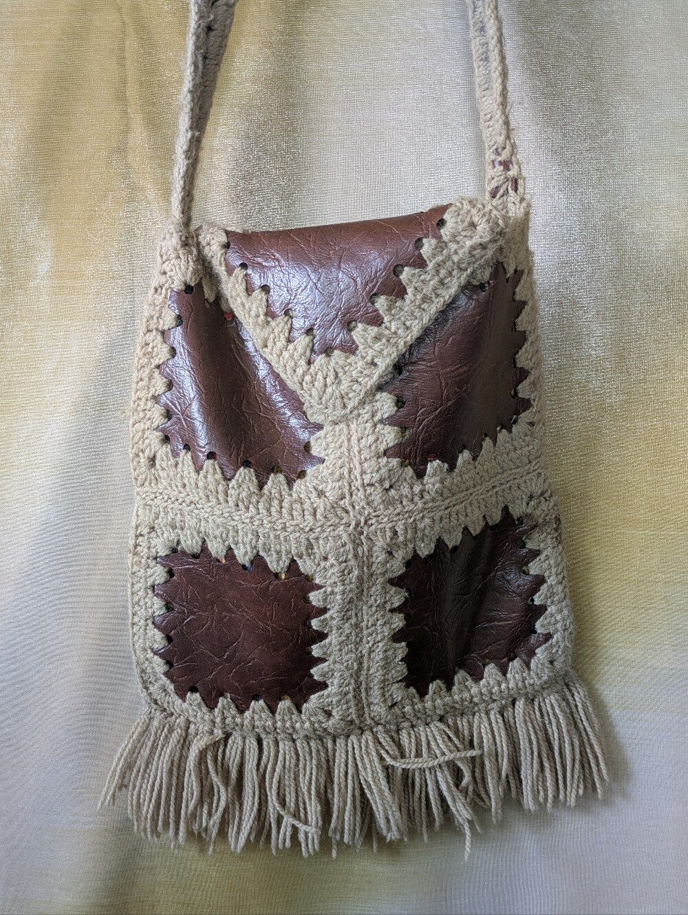 Vintage 1965 Boho Patchwork Macrame & Fringe Shoulder Bag Handmade